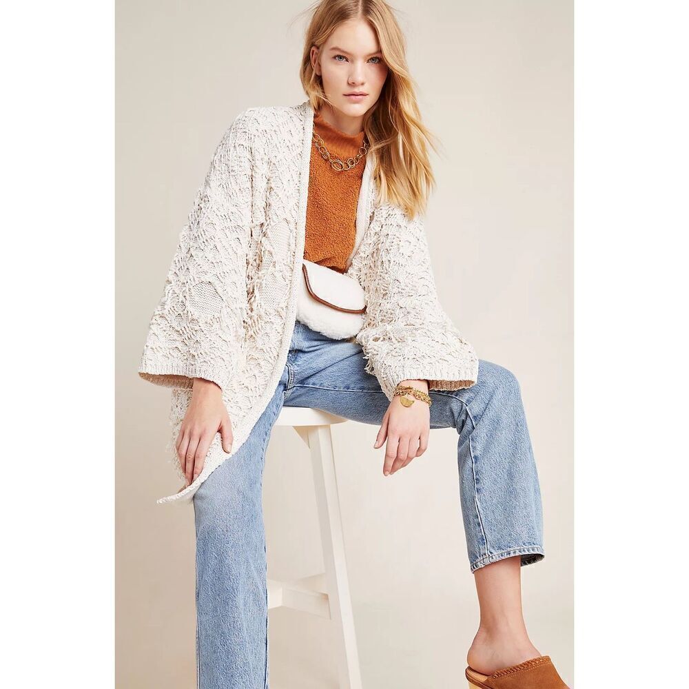 Akemi + Kin Beige open Front Oversized Chunky Knit Fringe Kimono Cardigan OS